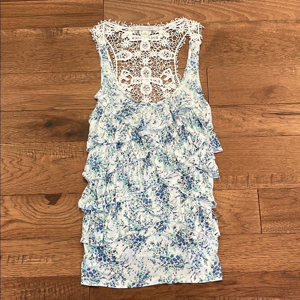 LC Lauren Conrad Tank Top Women's Tiered Ruffle Crochet Back - Floral - Size S